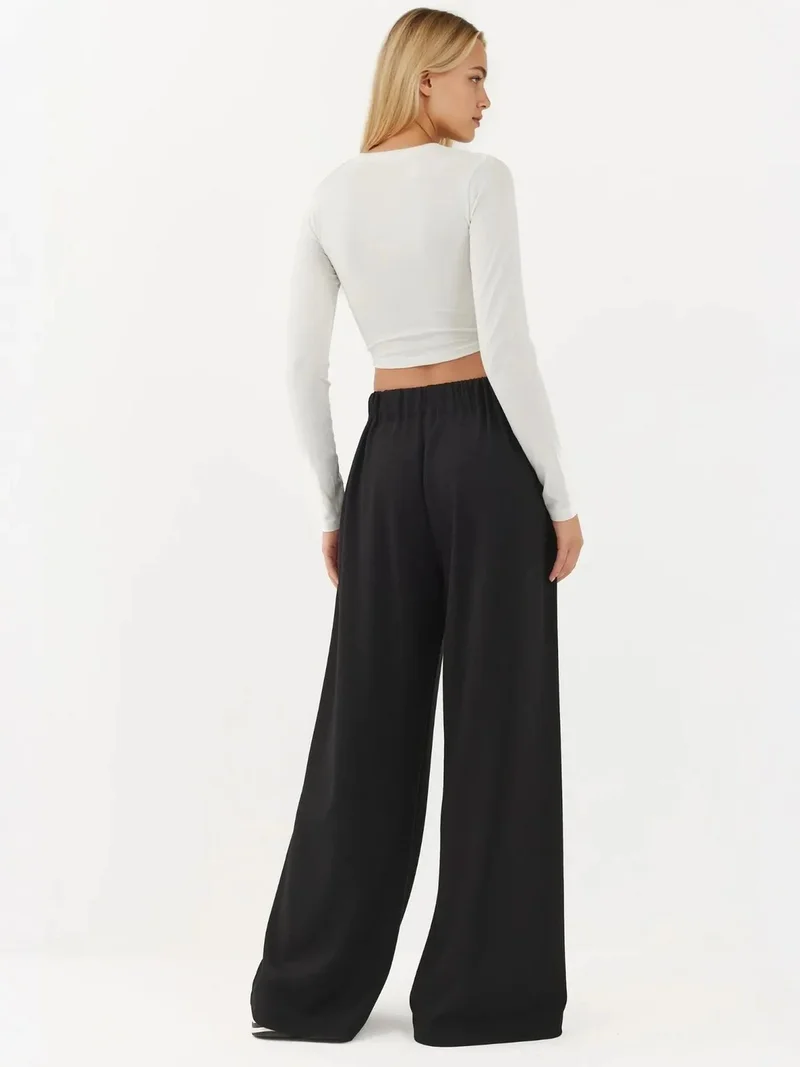 Hiccup Black Soft Touch Pleated Wide Leg Pants for Women | Best Price UAE